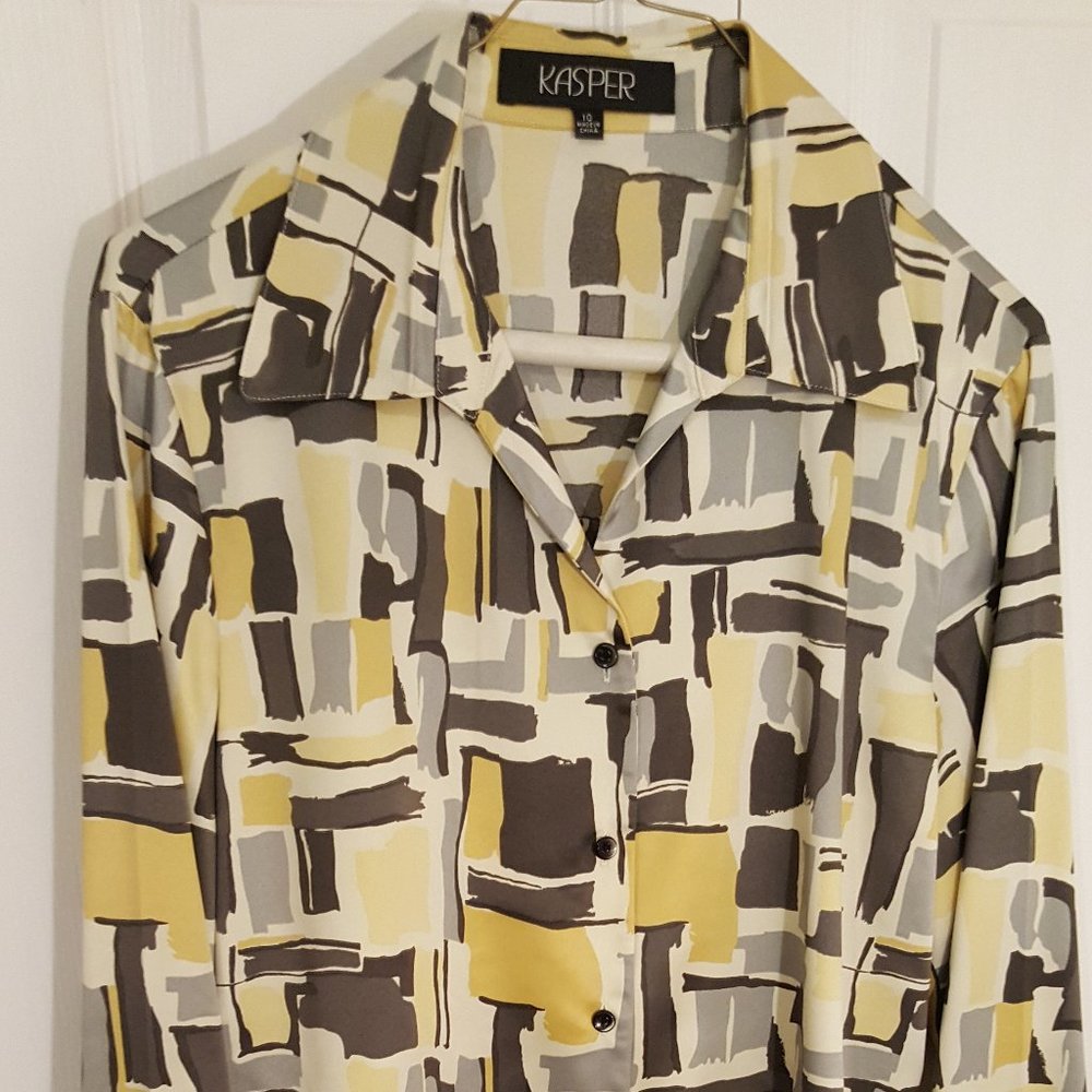 yellow/gold, brown , gray blouse